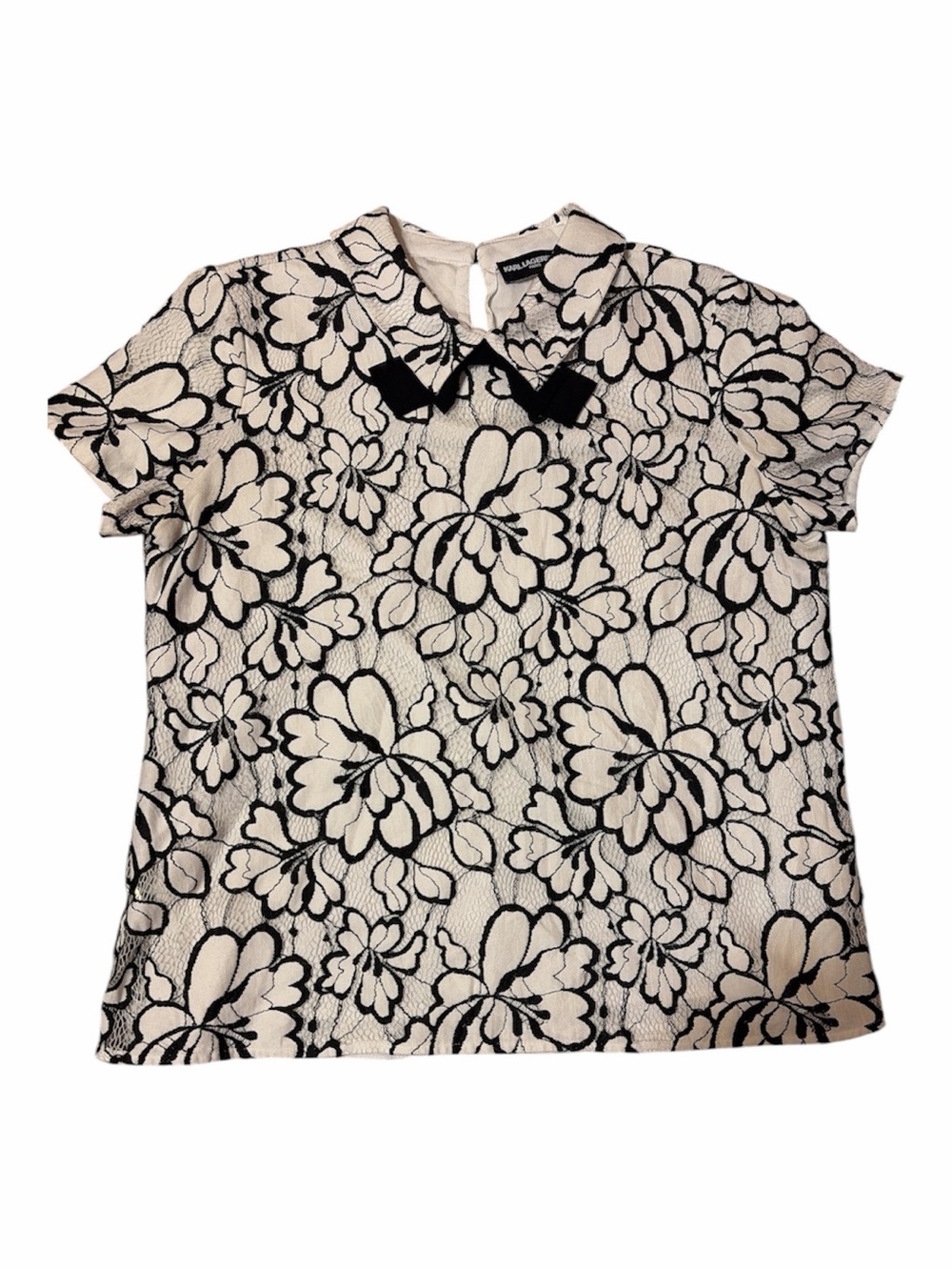 Karl Lagerfeld Paris Floral Lace Bow Collar Blouse Top White Black Size 12 - Picture 4 of 9